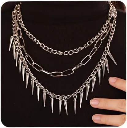 Aimimier Layered Gothic Silver Link Chains Necklace Punk Choker Rock Collar Spike Rivet Studded Pendant Festival Hiphop Jewelry for Women