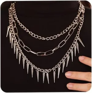 Aimimier Layered Gothic Silver Link Chains Necklace Punk Choker Rock Collar Spike Rivet Studded Pendant Festival Hiphop Jewelry for Women
