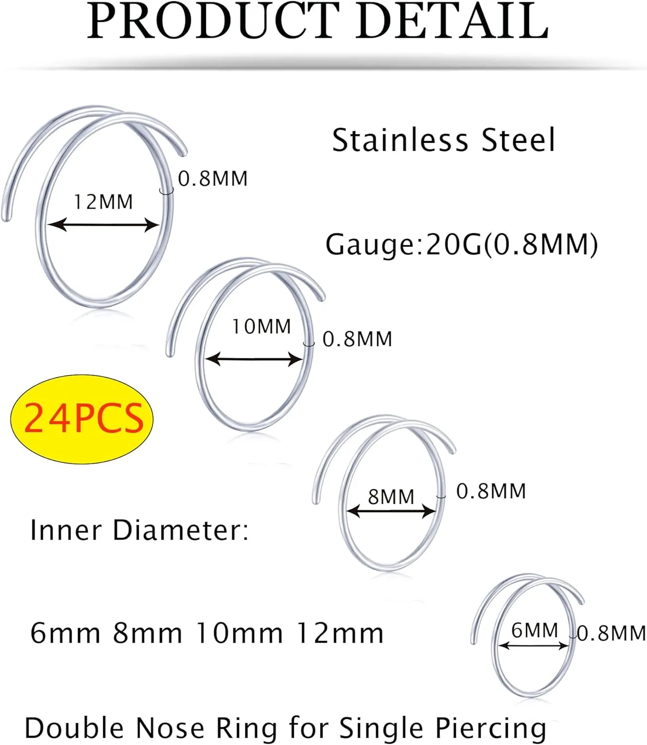 Akeoqi 24Pcs Double Nose Hoop Ring for Single Piercing Stainless Steel Nose Rings Twist Spiral Nose Ring Nostril Piercings Jewelry 6-12MM 20G Bendable for Women