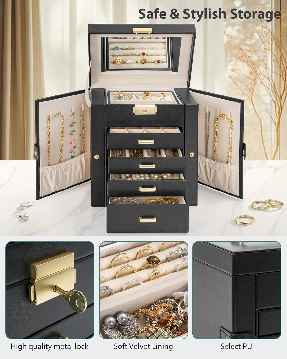 AKOZLIN 5-Tier Jewelry Box Leather Jewelry Storage Organizer with 4 Drawers Lockable for Women Girls Ring Necklace Earring Bracelet Watches Holder with Mirror Black
