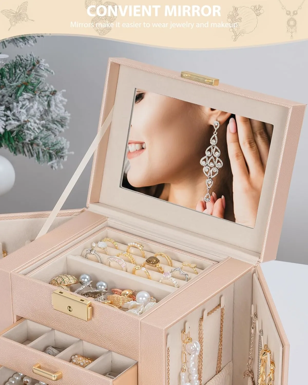 AKOZLIN 5-Tier Jewelry Box Leather Jewelry Storage Organizer with 4 Drawers Lockable for Women Girls Ring Necklace Earring Bracelet Watches Holder with Mirror Champagne