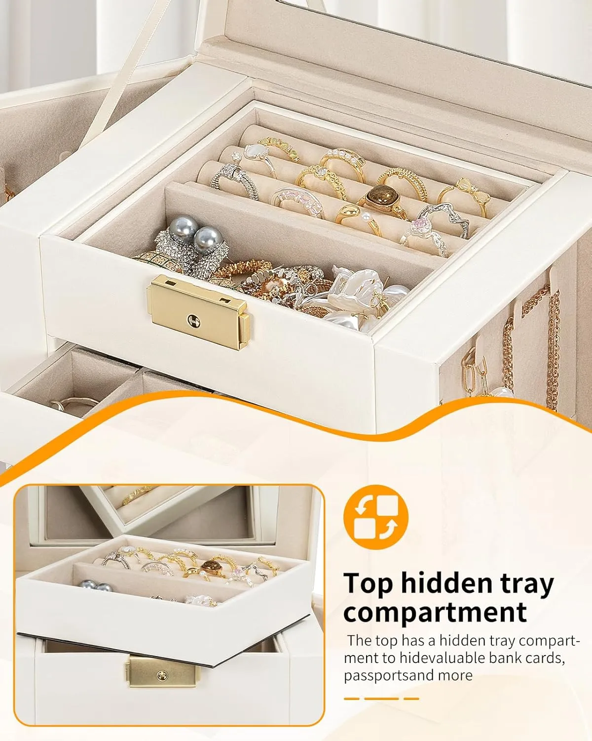 AKOZLIN 5-Tier Jewelry Box Leather Jewelry Storage Organizer with 4 Drawers Lockable for Women Girls Ring Necklace Earring Bracelet Watches Holder with Mirror White