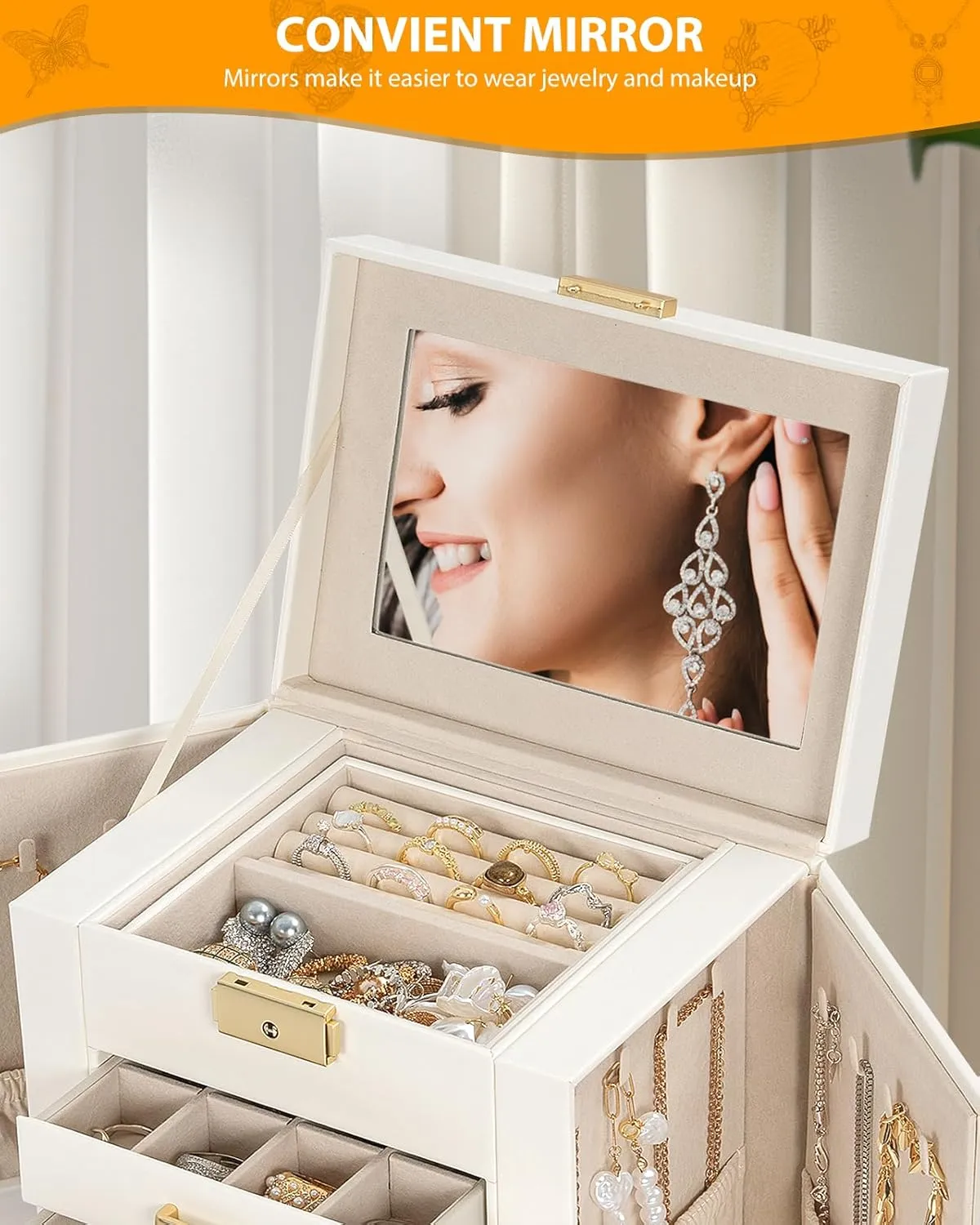 AKOZLIN 5-Tier Jewelry Box Leather Jewelry Storage Organizer with 4 Drawers Lockable for Women Girls Ring Necklace Earring Bracelet Watches Holder with Mirror White