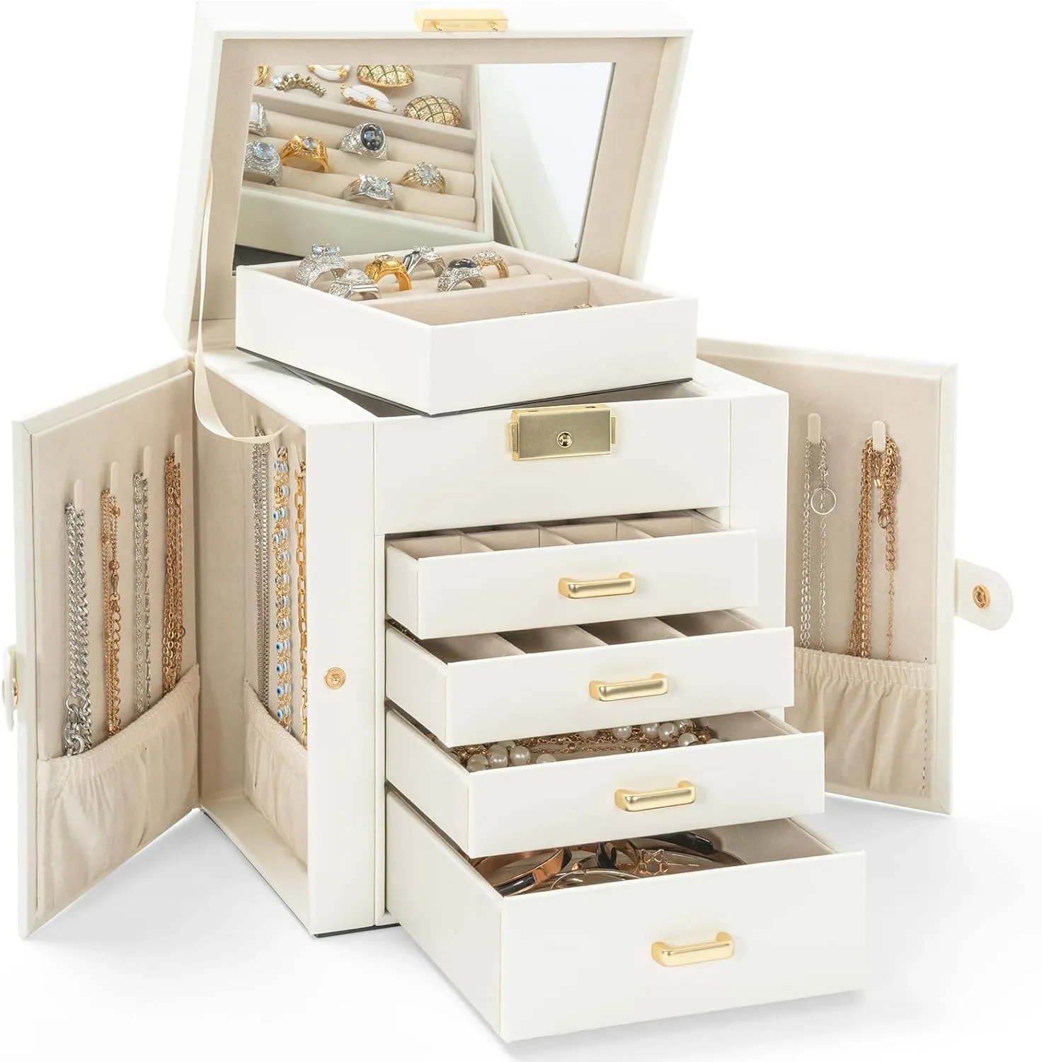 AKOZLIN 5-Tier Jewelry Box Leather Jewelry Storage Organizer with 4 Drawers Lockable for Women Girls Ring Necklace Earring Bracelet Watches Holder with Mirror White