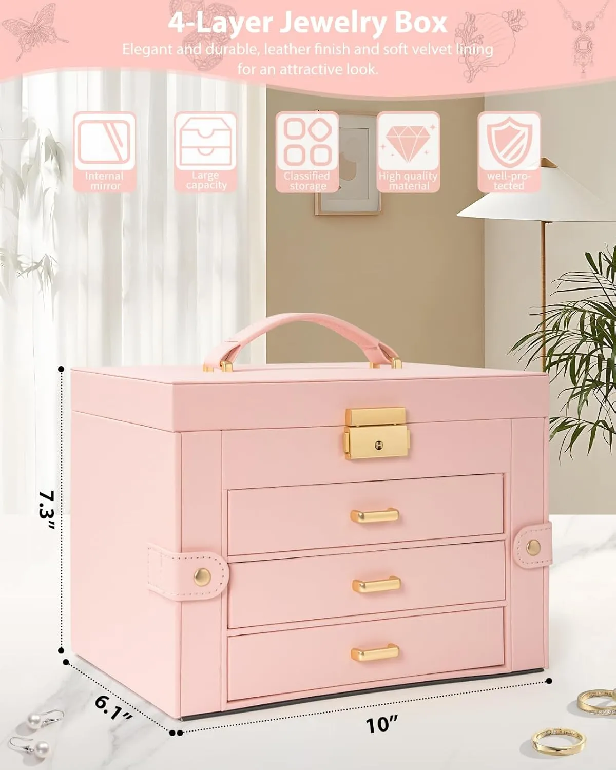 AKOZLIN Large 4-Tier Jewelry Box Leather Jewelry Storage Organizer with 3 Drawers Lockable for Women Girls Ring Necklace Earring Bracelet Watches Holder with Mirror Pink