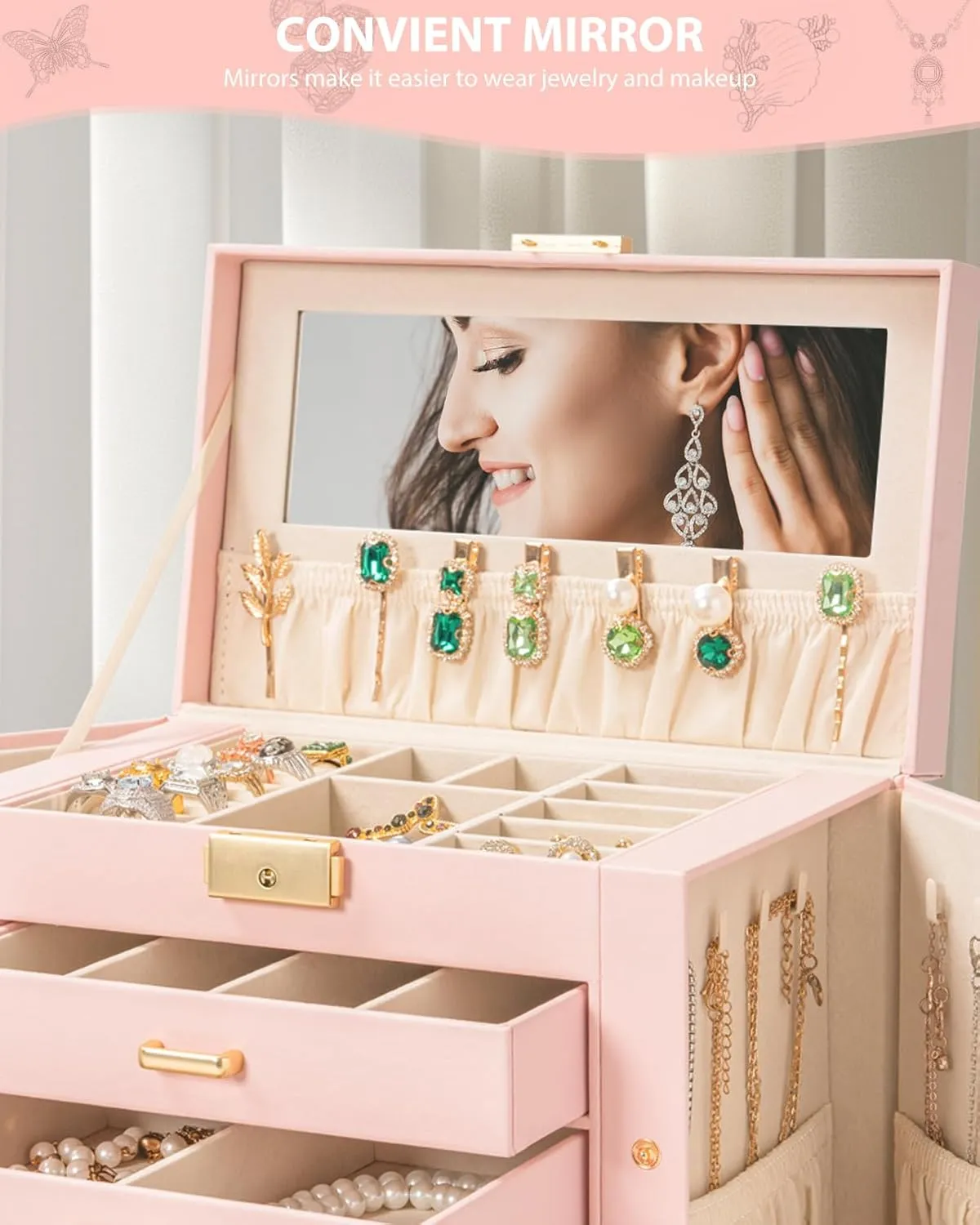 AKOZLIN Large 4-Tier Jewelry Box Leather Jewelry Storage Organizer with 3 Drawers Lockable for Women Girls Ring Necklace Earring Bracelet Watches Holder with Mirror Pink