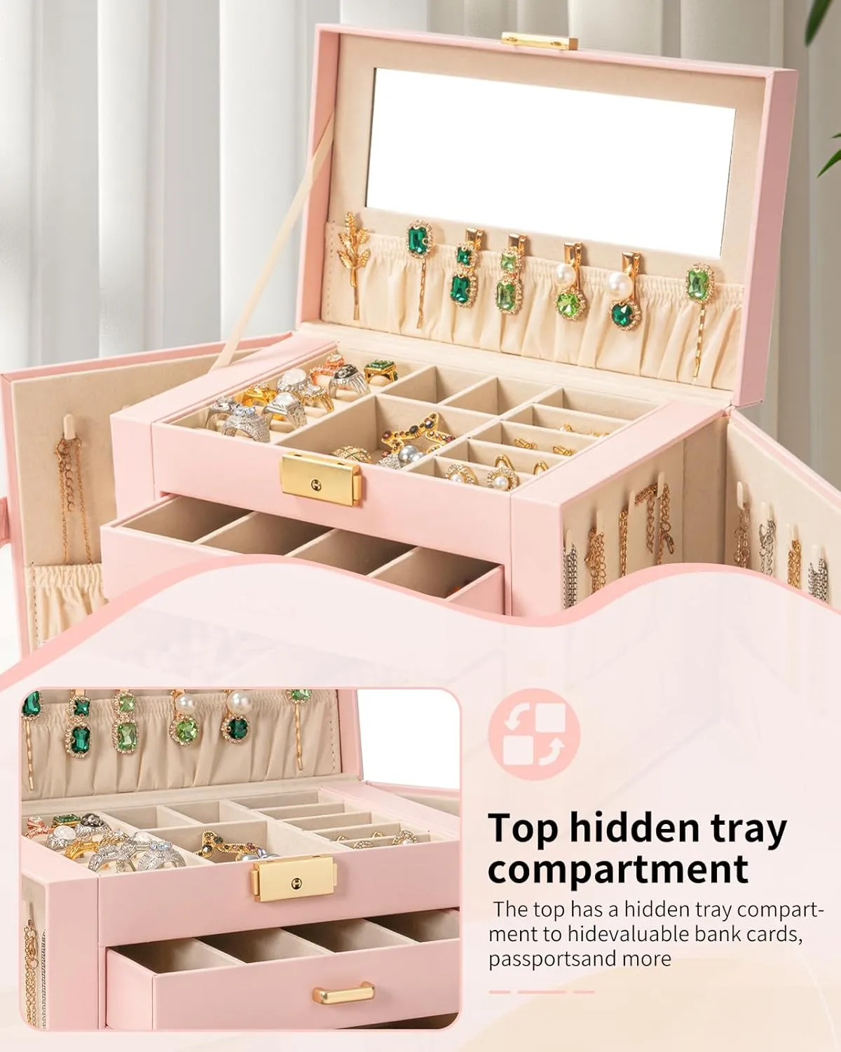 AKOZLIN Large 4-Tier Jewelry Box Leather Jewelry Storage Organizer with 3 Drawers Lockable for Women Girls Ring Necklace Earring Bracelet Watches Holder with Mirror Pink