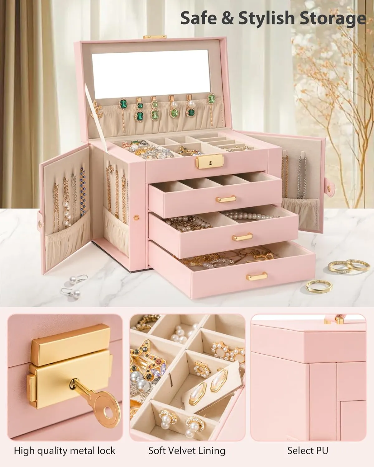 AKOZLIN Large 4-Tier Jewelry Box Leather Jewelry Storage Organizer with 3 Drawers Lockable for Women Girls Ring Necklace Earring Bracelet Watches Holder with Mirror Pink