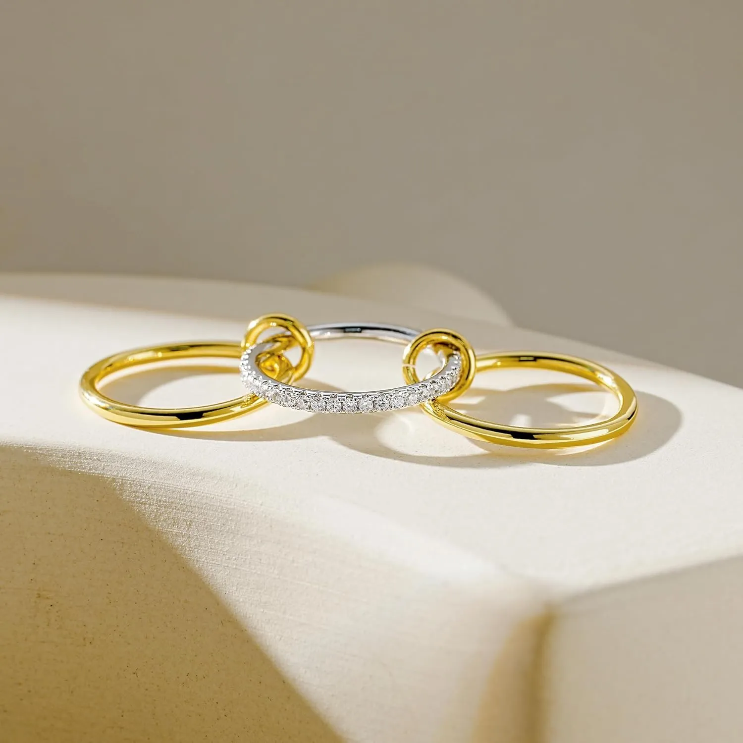 AllenCOCO 14K Gold Plated Stackable Rings, 3 Ring Set with CZ Cubic Zirconia, Gold & Silver Stacked, Multi-Link Connected, Interlocking Band for Women, Statement, Hypoallergenic, Non Tarnish