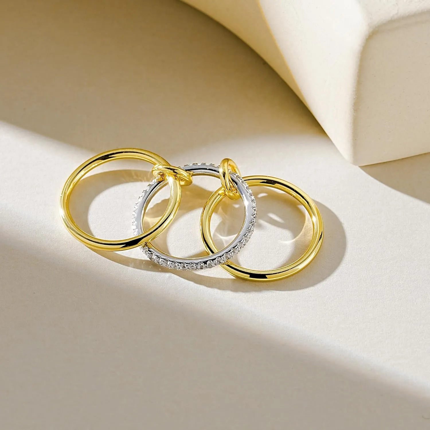 AllenCOCO 14K Gold Plated Stackable Rings, 3 Ring Set with CZ Cubic Zirconia, Gold & Silver Stacked, Multi-Link Connected, Interlocking Band for Women, Statement, Hypoallergenic, Non Tarnish