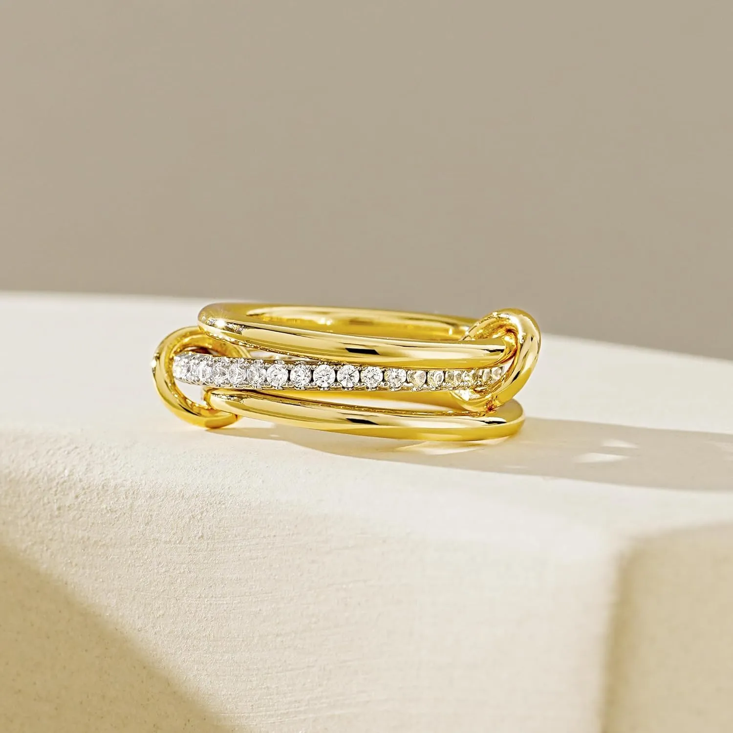 AllenCOCO 14K Gold Plated Stackable Rings, 3 Ring Set with CZ Cubic Zirconia, Gold & Silver Stacked, Multi-Link Connected, Interlocking Band for Women, Statement, Hypoallergenic, Non Tarnish