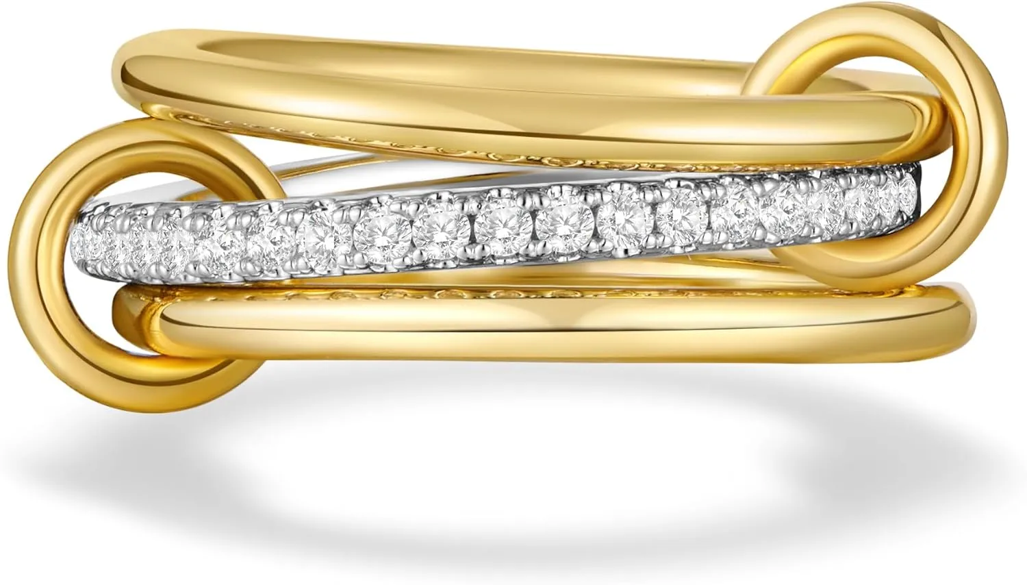 AllenCOCO 14K Gold Plated Stackable Rings, 3 Ring Set with CZ Cubic Zirconia, Gold & Silver Stacked, Multi-Link Connected, Interlocking Band for Women, Statement, Hypoallergenic, Non Tarnish