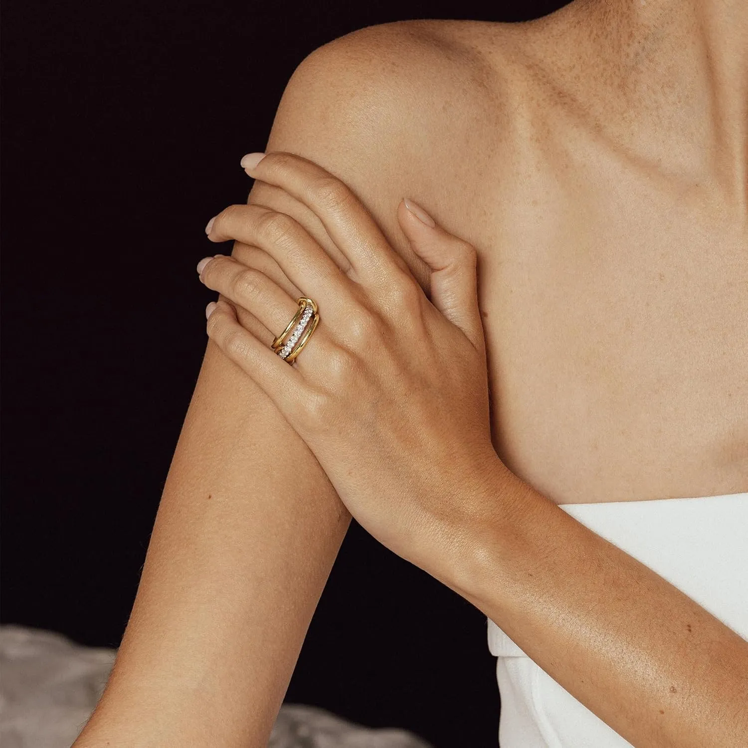 AllenCOCO 14K Gold Plated Stackable Rings, 3 Ring Set with CZ Cubic Zirconia, Gold & Silver Stacked, Multi-Link Connected, Interlocking Band for Women, Statement, Hypoallergenic, Non Tarnish
