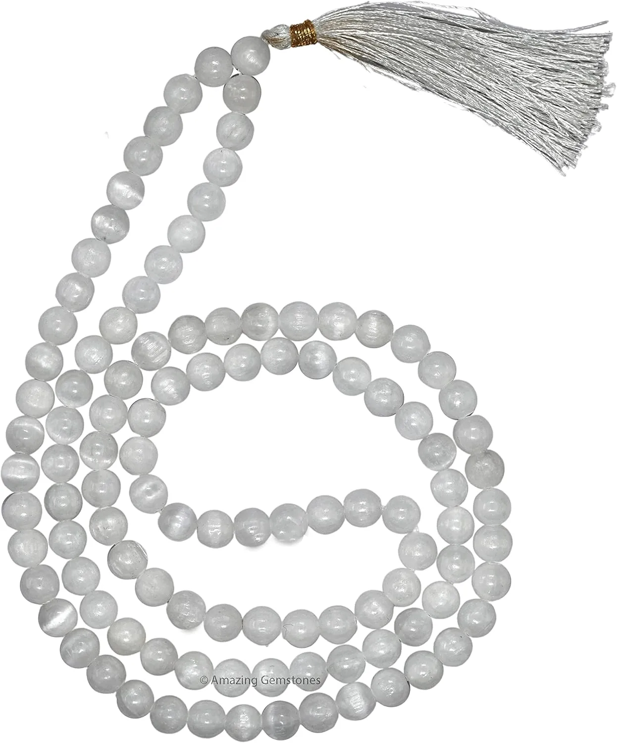 Amazing Gemstone Selenite Manmade Buddhist Prayer Beads Japa Mala with 108 Meditation Beads (Without Knots)