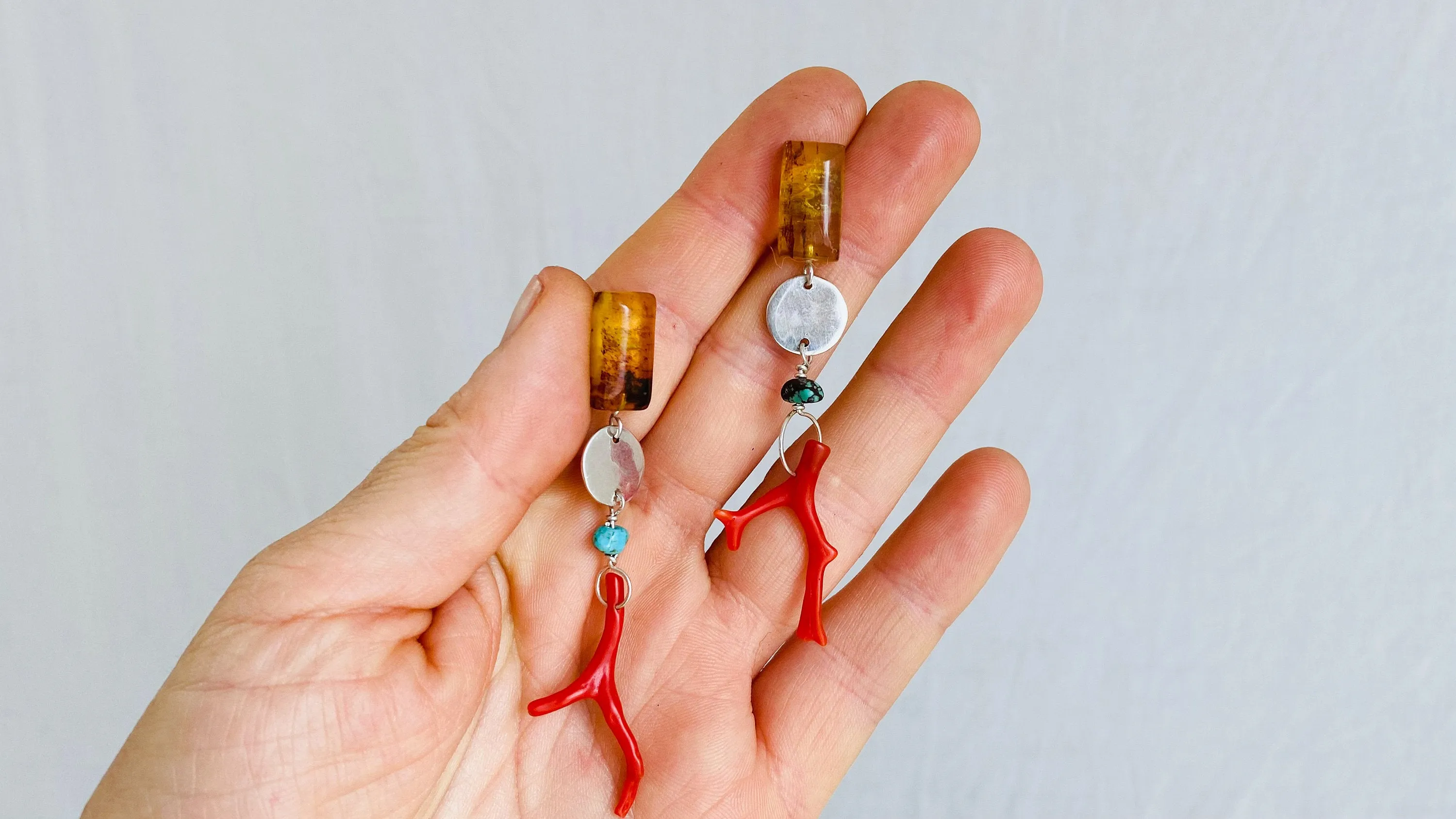 Amber, Turquoise & Coral Earrings. Sterling Silver. Atelier Aadya
