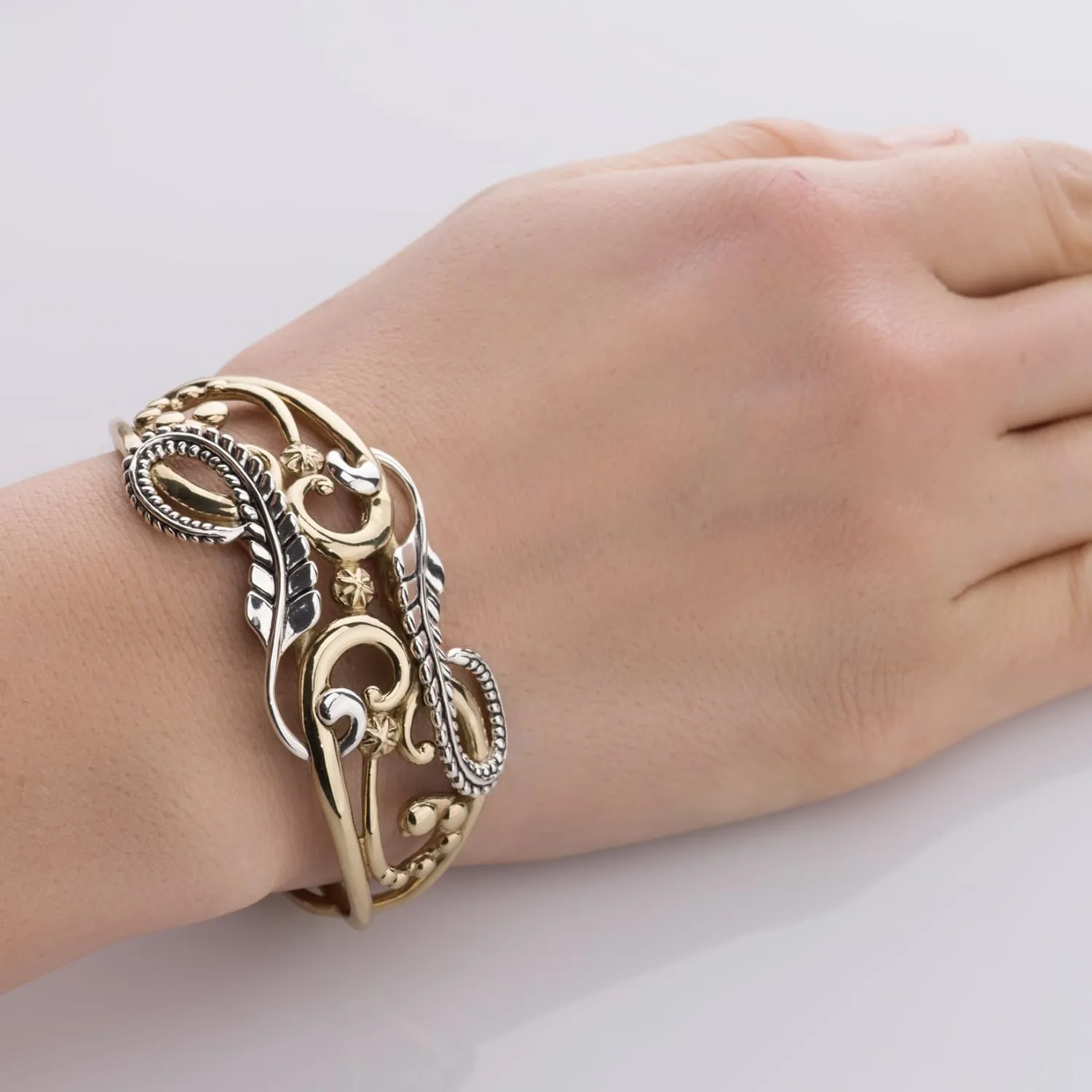 American West Jewelry Sterling & Brass Women's Cuff Bracelet Floral Leaf Design Size Small Medium Large