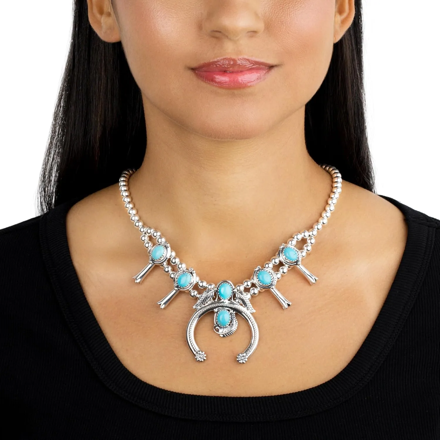 American West Jewelry Sterling Silver Genuine Gemstone Squash Blossom Naja Design Necklace, 17 to 19 Inches