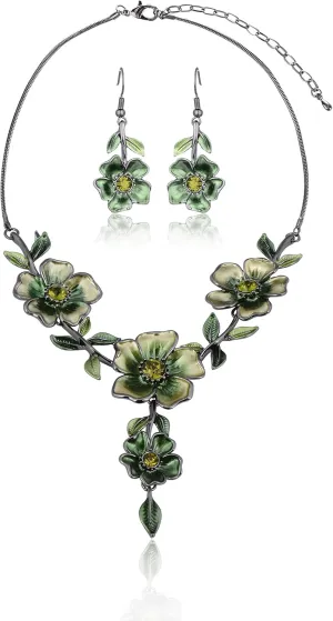 AMYJANE Vintage Statement Jewelry Set - Spring Leaf Flower Floral Plant Necklace Earring Set Crystal Rhinestone Fashion Costume Jewelry for Women Prom Party Unique Gift