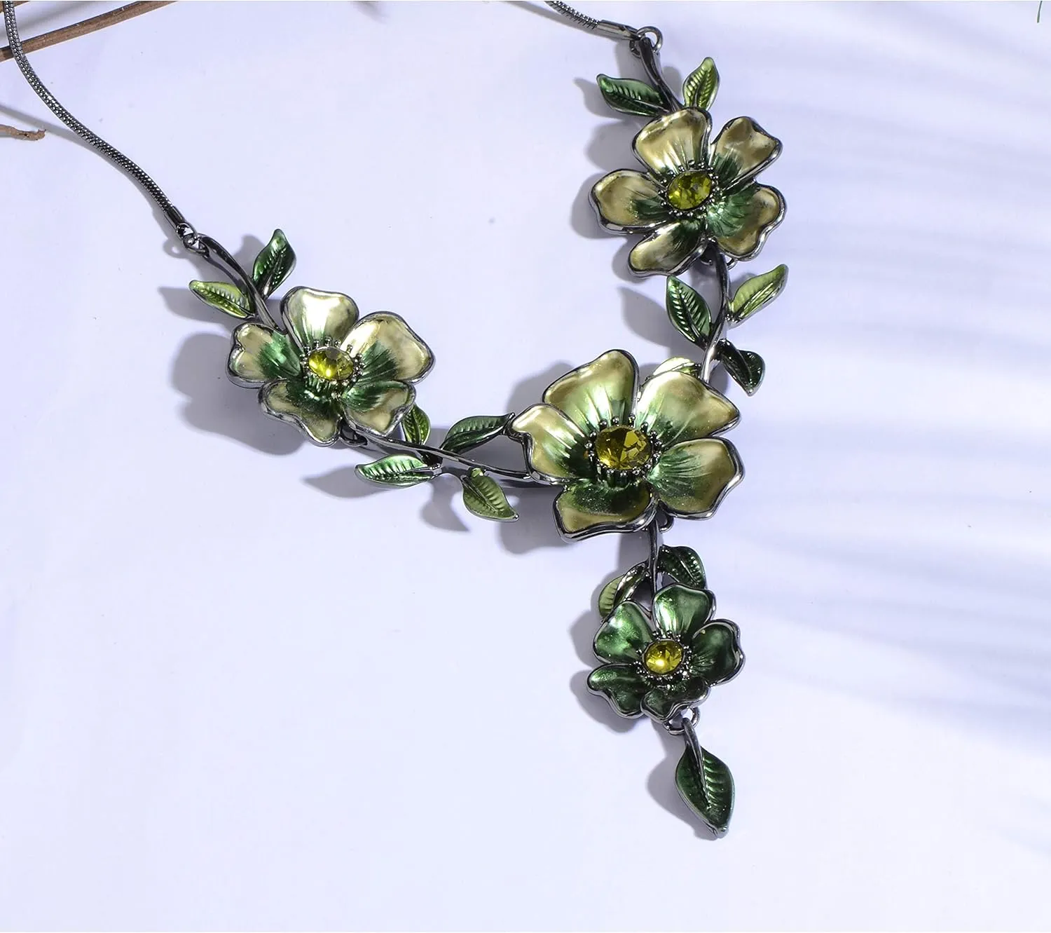 AMYJANE Vintage Statement Jewelry Set - Spring Leaf Flower Floral Plant Necklace Earring Set Crystal Rhinestone Fashion Costume Jewelry for Women Prom Party Unique Gift