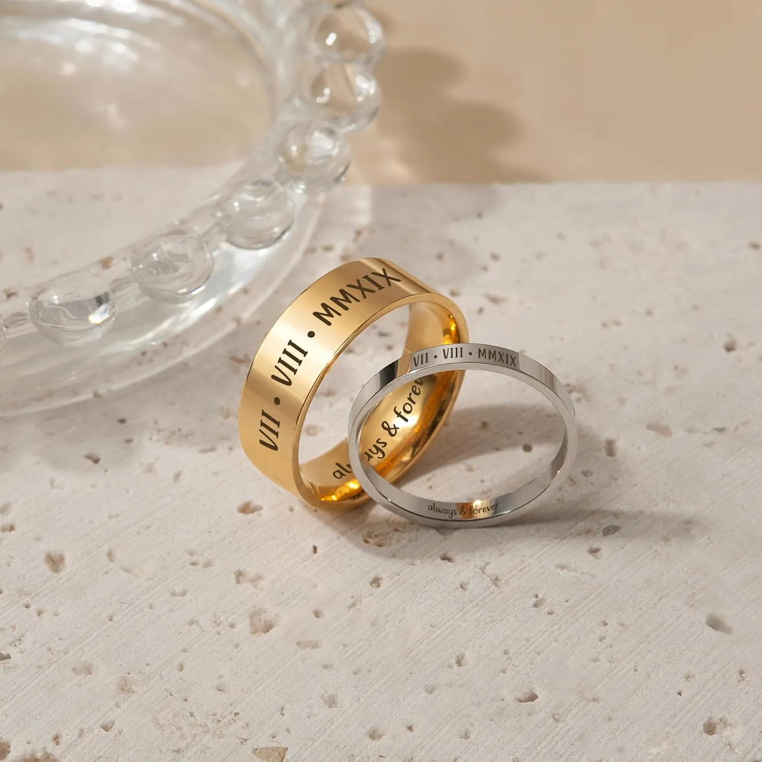 Anavia Personalized Name Date 2.5MM/4MM/7MM Stainless Steel Rings, Customized Message Dainty Plain Bands Glossy Gold Black Rings, Wedding Engagement Rings for Women Men