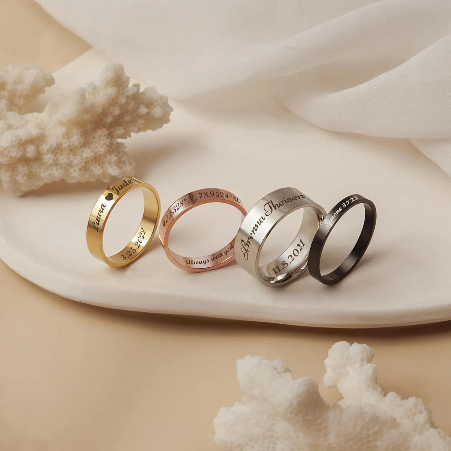 Anavia Personalized Name Date 2.5MM/4MM/7MM Stainless Steel Rings, Customized Message Dainty Plain Bands Glossy Gold Black Rings, Wedding Engagement Rings for Women Men
