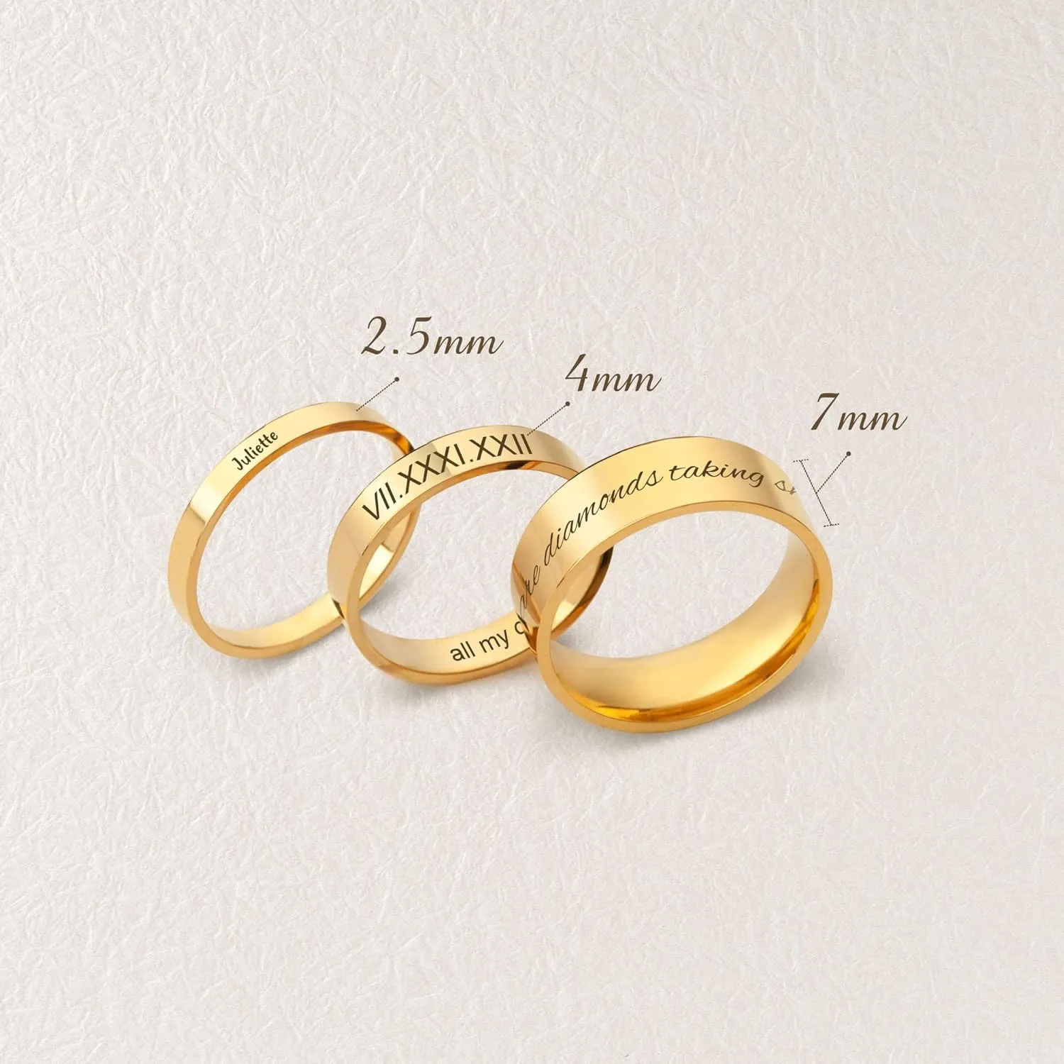 Anavia Personalized Name Date 2.5MM/4MM/7MM Stainless Steel Rings, Customized Message Dainty Plain Bands Glossy Gold Black Rings, Wedding Engagement Rings for Women Men