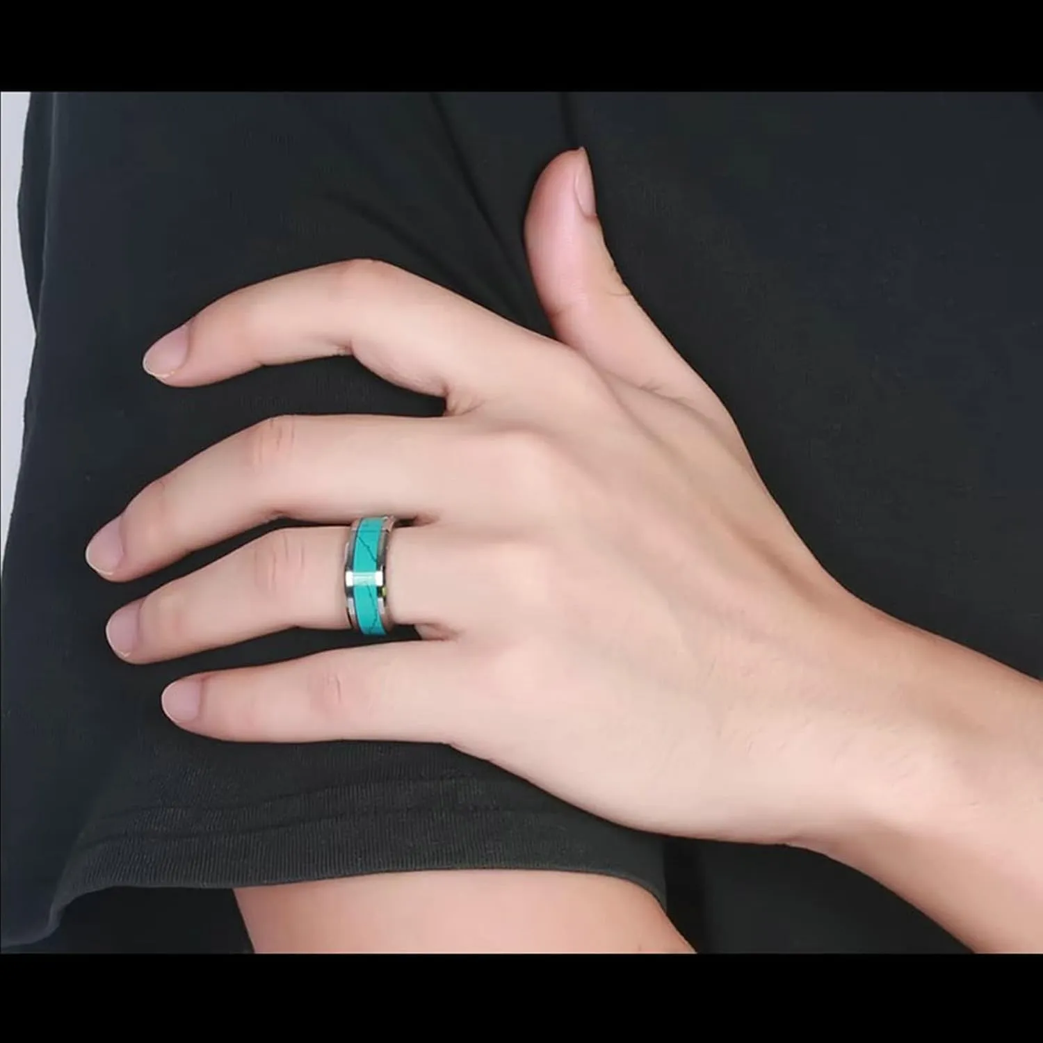 ANAZOZ Turquoise Wedding Rings for Couples, Tungsten Promise Ring Set 8MM Silver Blue Wedding Bands Engraved