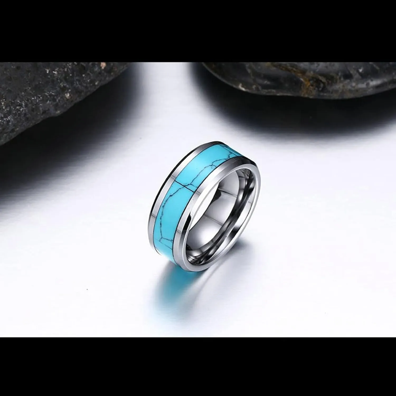 ANAZOZ Turquoise Wedding Rings for Couples, Tungsten Promise Ring Set 8MM Silver Blue Wedding Bands Engraved