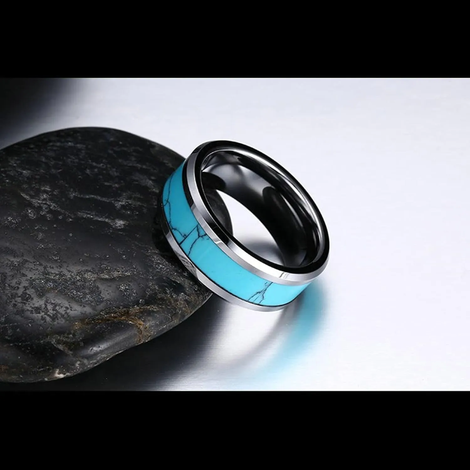 ANAZOZ Turquoise Wedding Rings for Couples, Tungsten Promise Ring Set 8MM Silver Blue Wedding Bands Engraved