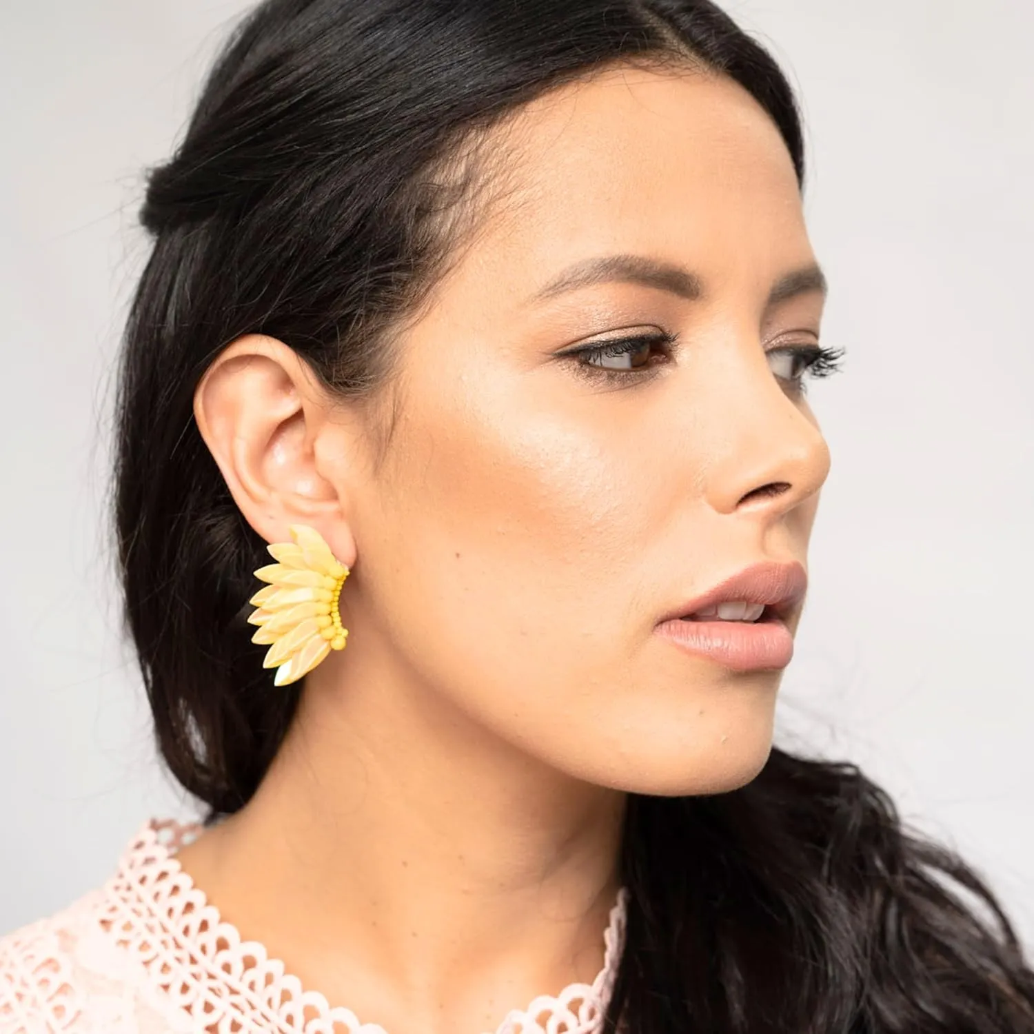 Angel wing earrings for women, Small statement Handmade Prom Earrings, Wings stud for girls, Beaded Butterfly winged Earrings (Iridescent Yellow)
