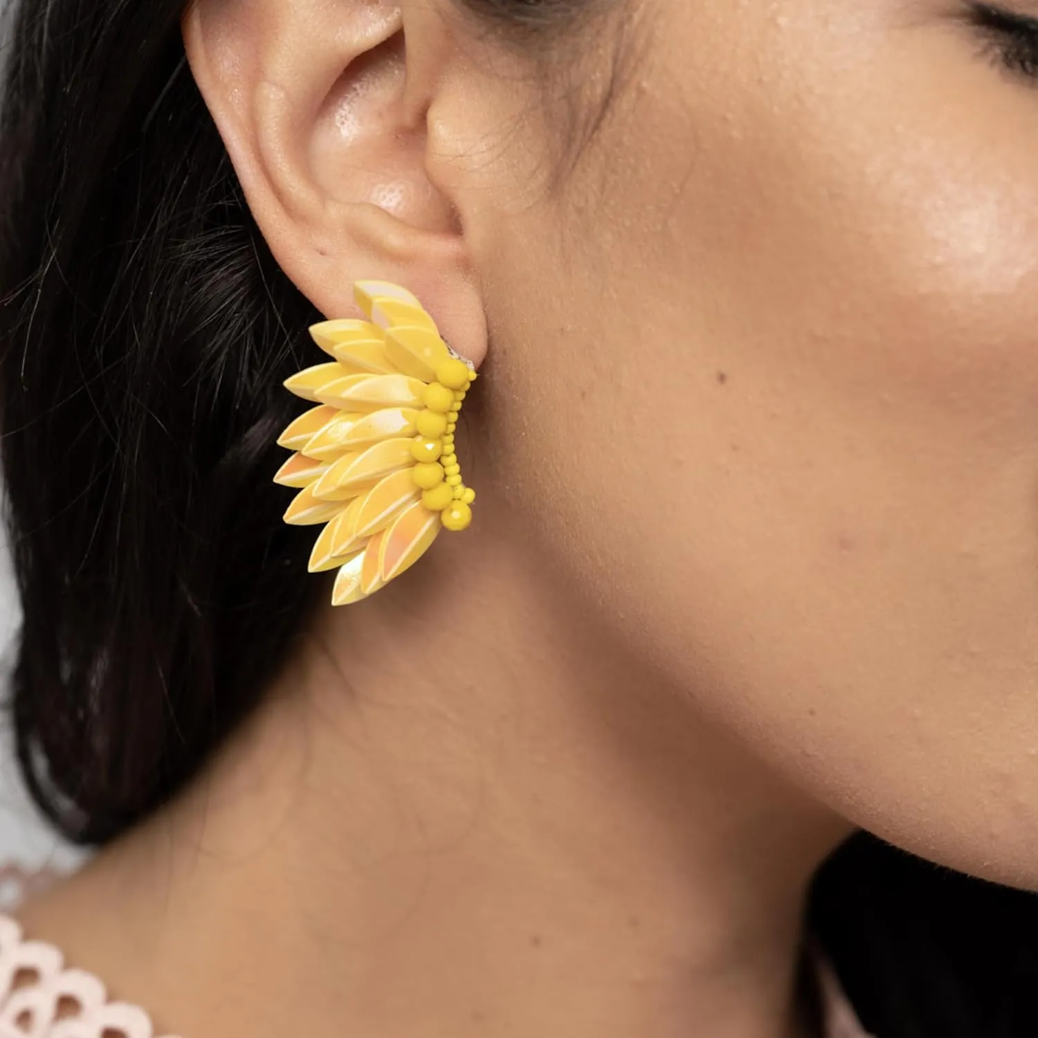 Angel wing earrings for women, Small statement Handmade Prom Earrings, Wings stud for girls, Beaded Butterfly winged Earrings (Iridescent Yellow)