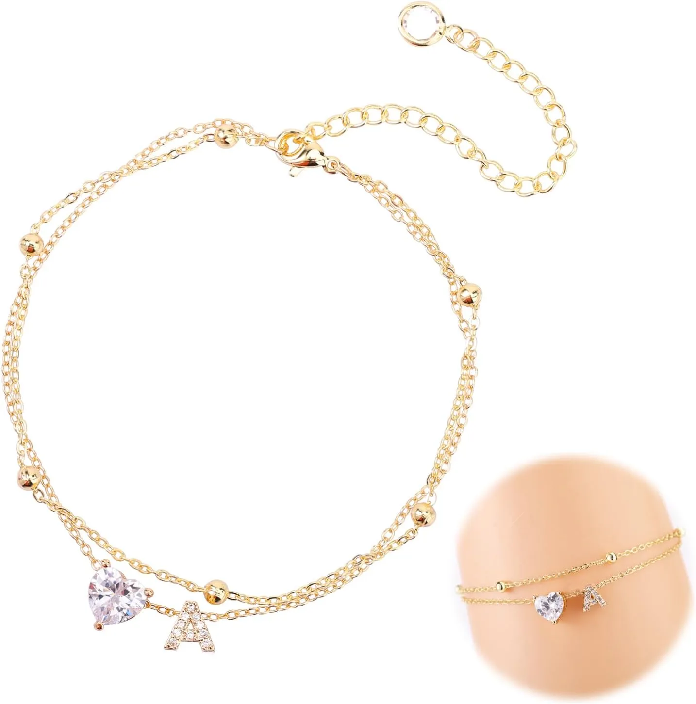 Ankle Bracelet for Women, Adjustable Letter A-Z Dainty Heart Design Waterproof Gold Plated Initial Anklet Perfect Summer Beach Jewelry Alphabet Foot Chain Decorations and Gifts