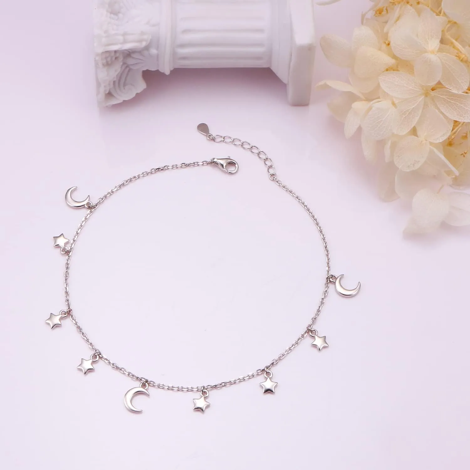 Anklet for Women Sterling Silver Dainty Bead Heart Infinity Star Letter Initial Boho Adjuatable Foot Ankle Bracelet for Women