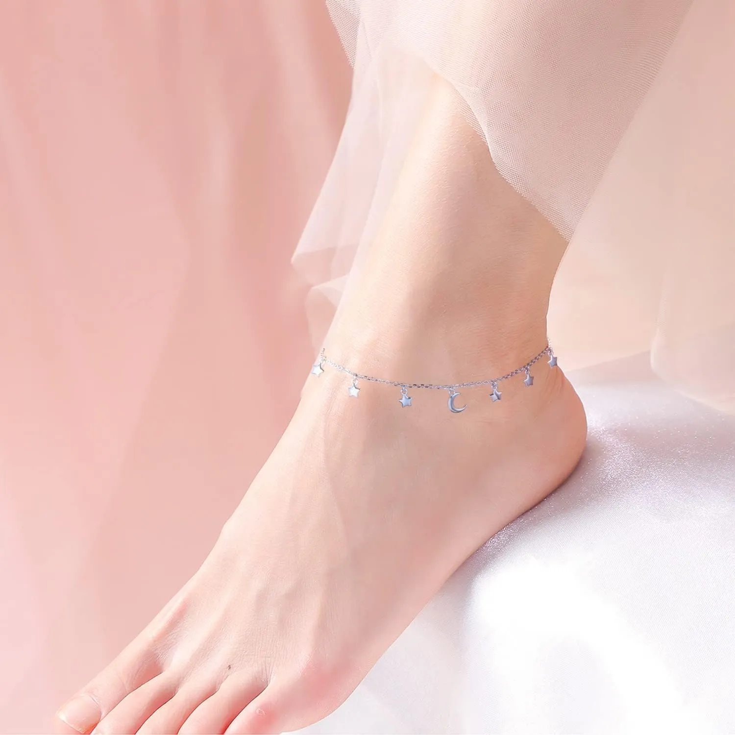 Anklet for Women Sterling Silver Dainty Bead Heart Infinity Star Letter Initial Boho Adjuatable Foot Ankle Bracelet for Women