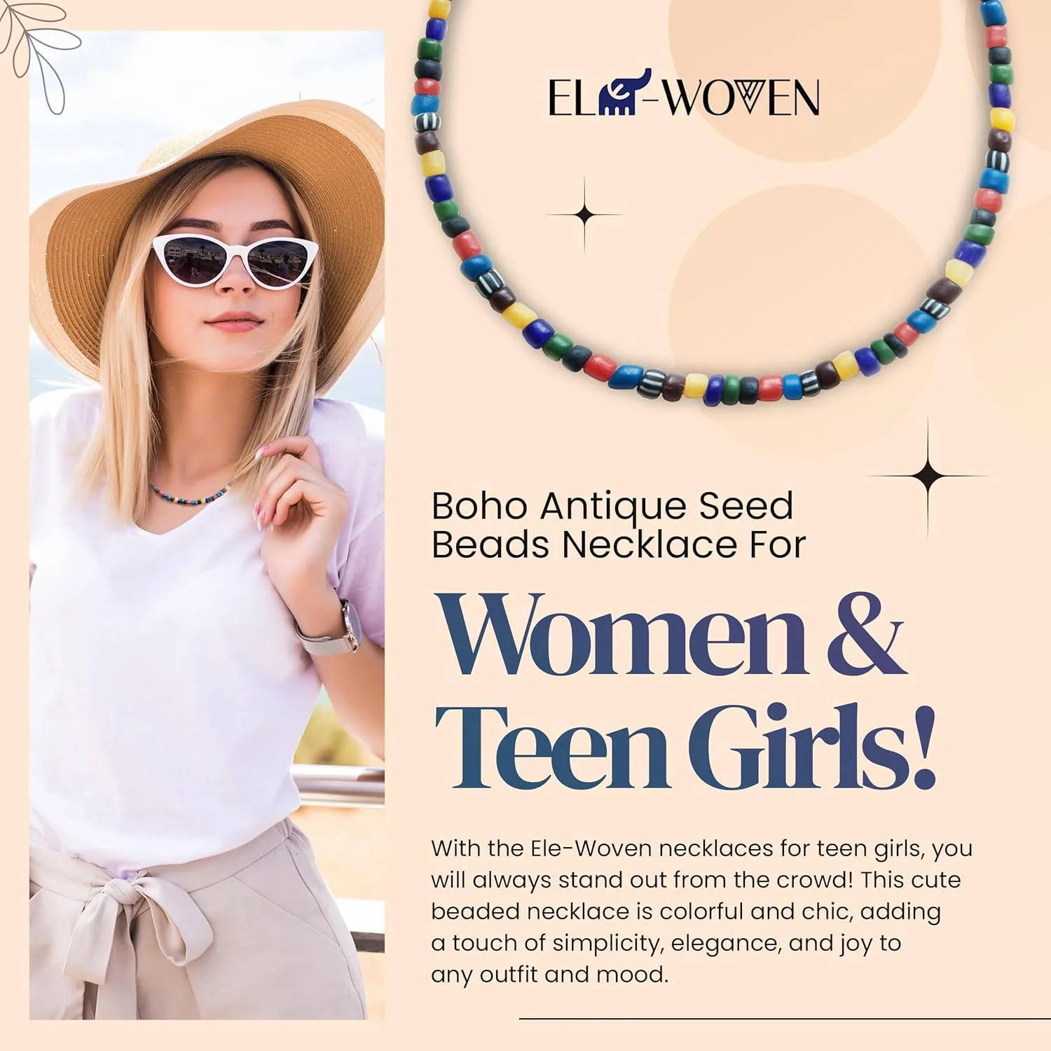 Antique Beaded Choker Necklace for Women and Girls  16 inch  Multicolored Fun Preppy Jewelry  Ideal for Beach, Summer, Party (Multi)
