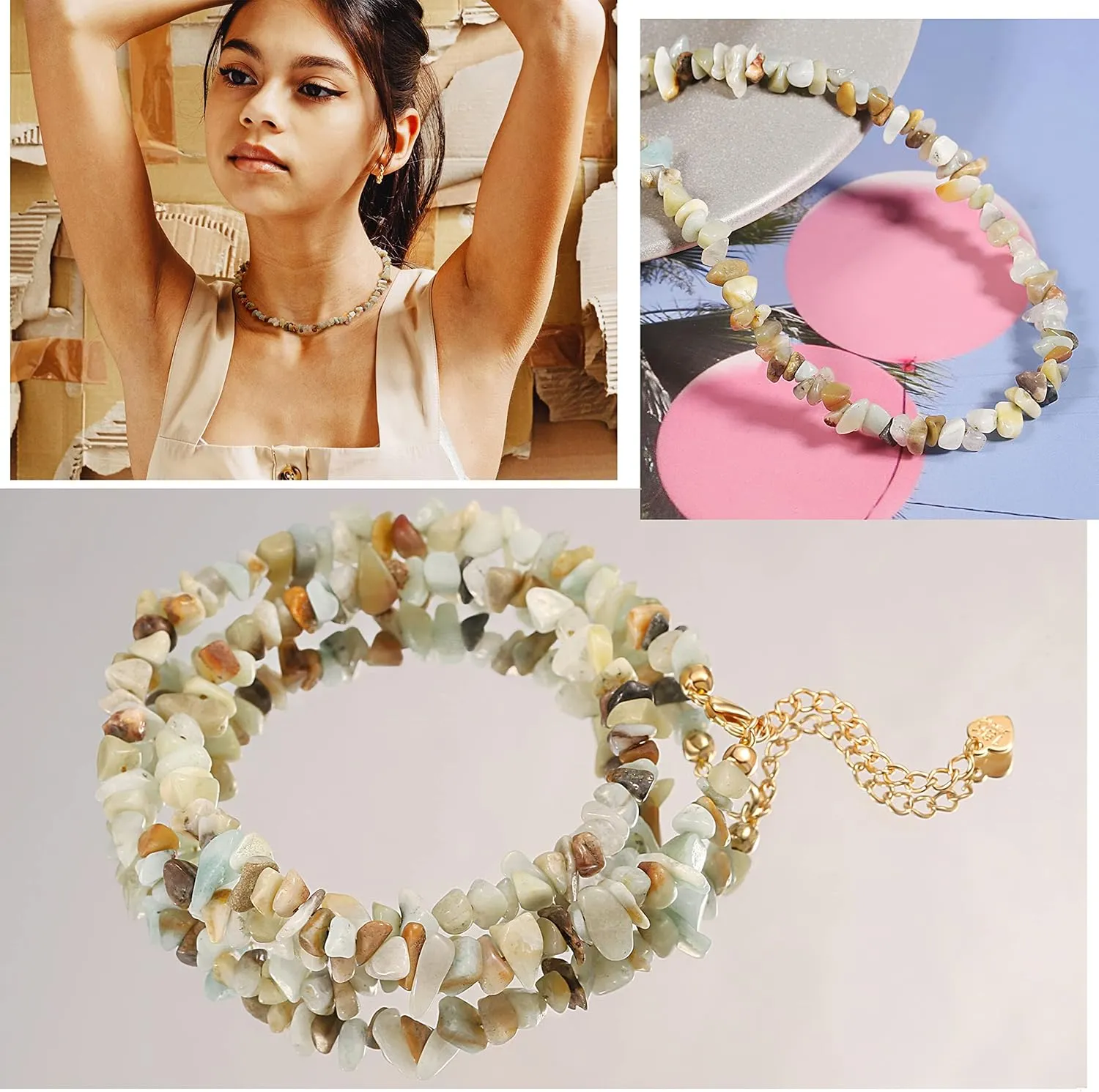 Aobei Pearl Gemstone Beaded Choker Necklace for Women Boho Turquoise/Cultured Freshwater Pearls/Garnet/Amazonite Jewelry