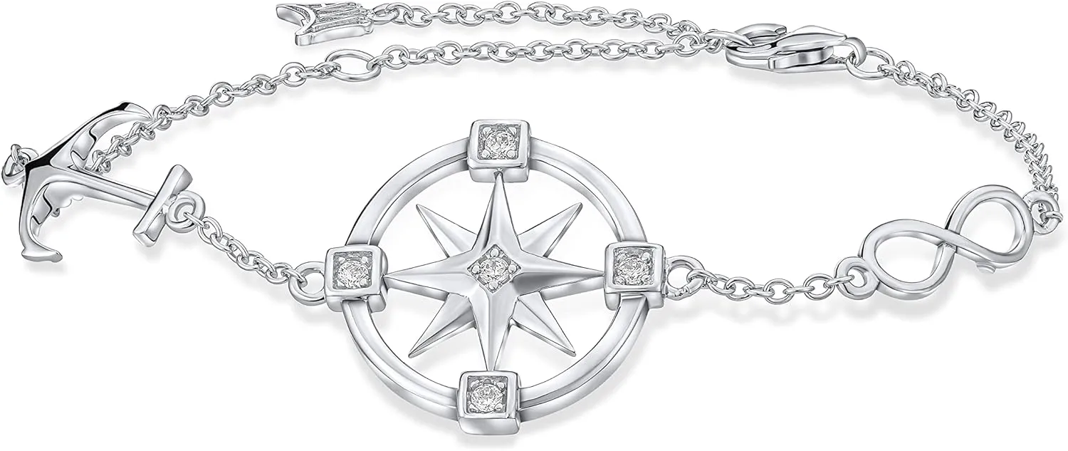 Art and Molly 925 Solid Sterling Silver Compass Rose Bracelet Gift for Her, On your Journey of Life, New Journey Gift, Graduation