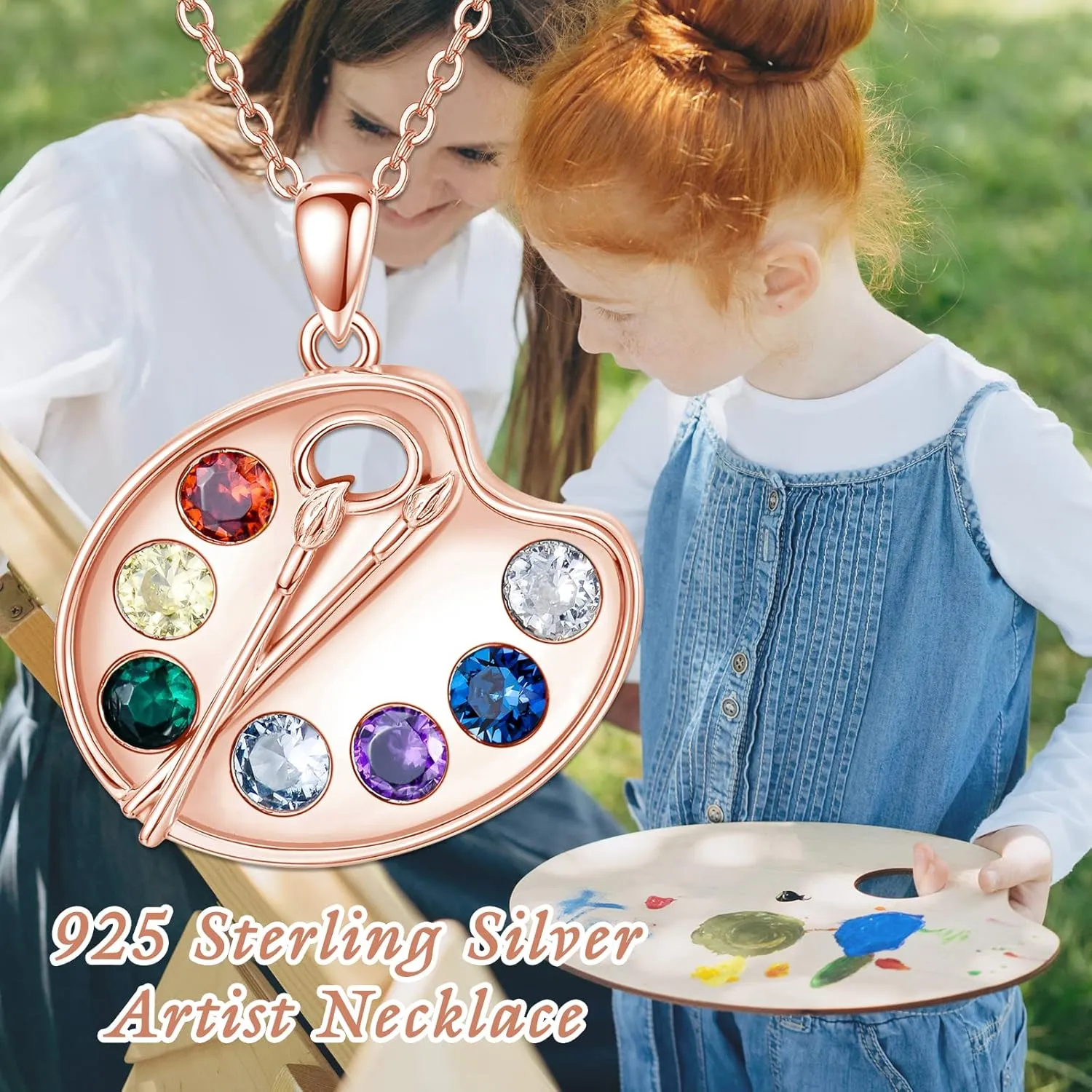 Artist Paint Palette and Brush Necklace - 925 Sterling Silver Pigment Pendant, Colorful Painters Charm, Future Artist Jewelry Gifts for Women