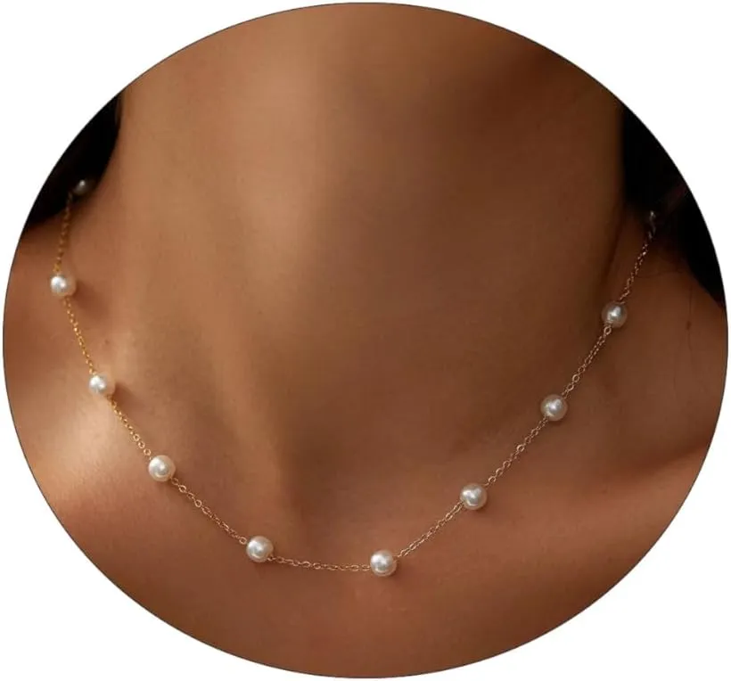 ASCOMY Dainty Pearl Necklaces for Women 14K Gold Plated Chunky Half Pearl Half Chain Toggle Necklace Minimalist Pearl Cuban Paper Clip Toggle Clasp Chain Everyday Jewelry