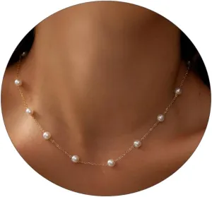 ASCOMY Dainty Pearl Necklaces for Women 14K Gold Plated Chunky Half Pearl Half Chain Toggle Necklace Minimalist Pearl Cuban Paper Clip Toggle Clasp Chain Everyday Jewelry