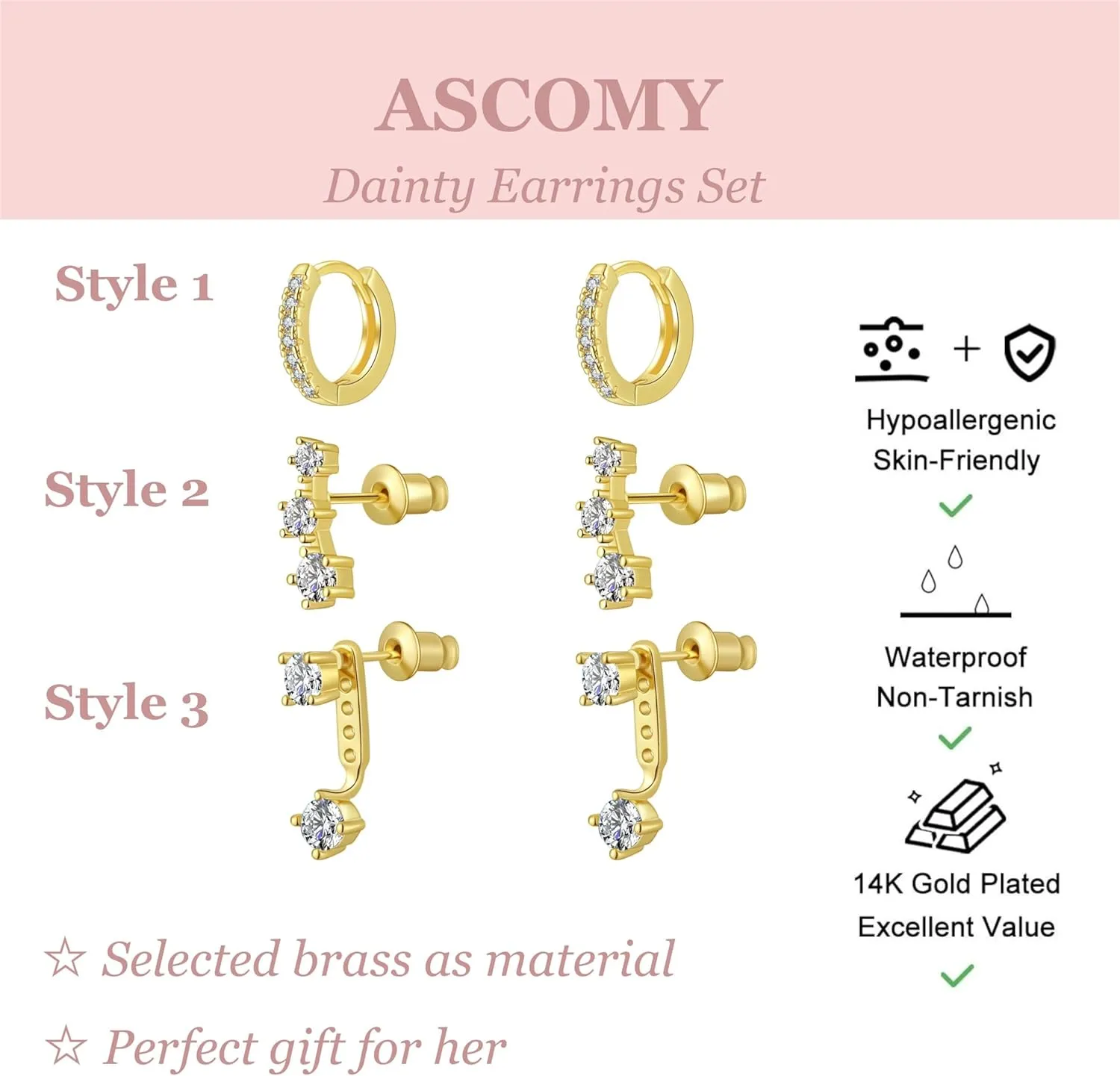ASCOMY Gold Hoop Earrings Set for Women - 14K Gold/White Gold Plated Huggie Hoops, Cubic Zirconia Studs, Chunky Open Hoops - CZ Jewelry Gifts