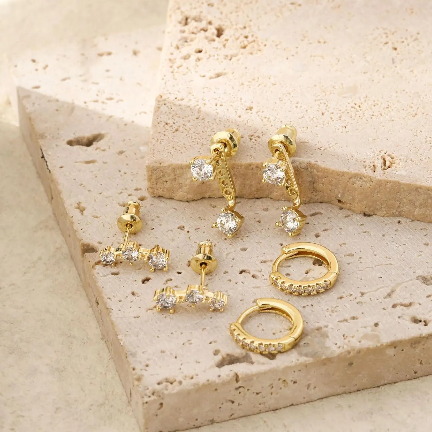 ASCOMY Gold Hoop Earrings Set for Women - 14K Gold/White Gold Plated Huggie Hoops, Cubic Zirconia Studs, Chunky Open Hoops - CZ Jewelry Gifts
