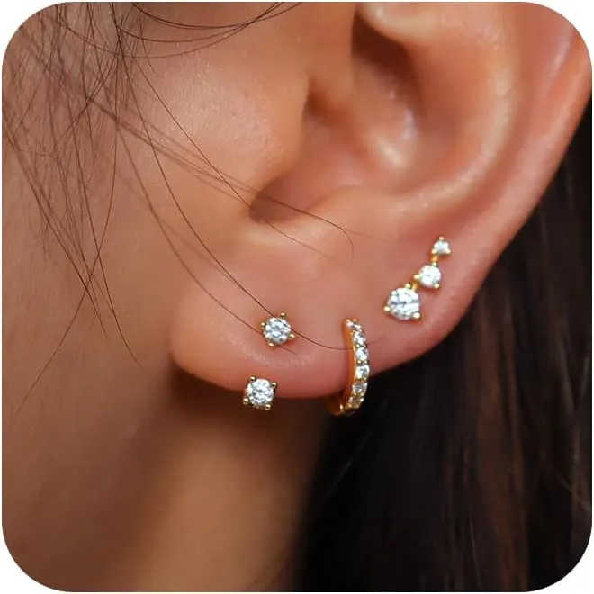 ASCOMY Gold Hoop Earrings Set for Women - 14K Gold/White Gold Plated Huggie Hoops, Cubic Zirconia Studs, Chunky Open Hoops - CZ Jewelry Gifts