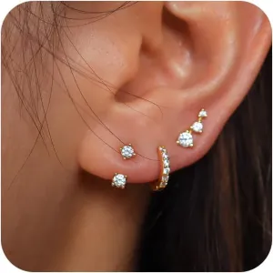 ASCOMY Gold Hoop Earrings Set for Women - 14K Gold/White Gold Plated Huggie Hoops, Cubic Zirconia Studs, Chunky Open Hoops - CZ Jewelry Gifts