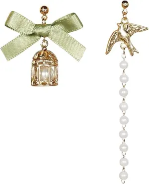Asymmetric Bird Pearl Chain Earrings for Women Gold Plated Mismatched Funny Charm Bow Birdcage Small Flying Birds Animal Dangle Drop Earrings for Bird Lover Spring Holiday Fashion Jewelry Gifts