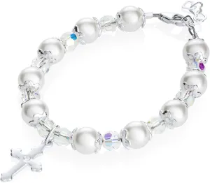 Baptism Bracelet for Baby Girls | Sterling Silver Cross & Beads | Austrian Crystals & Simulated Pearls | Catholic Christening Gift | Delicate Silver Cross Charm | Newborn Baby Jewelry | Baptism-Girl
