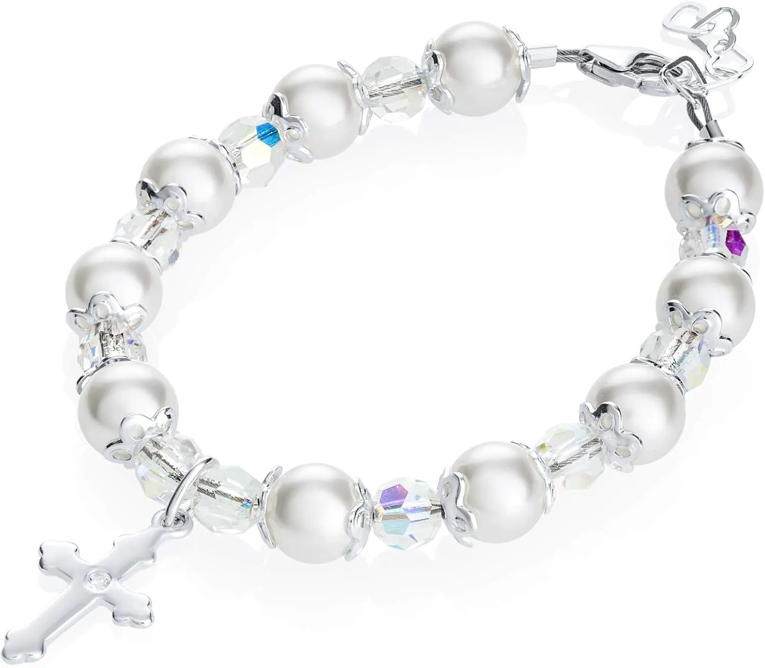 Baptism Bracelet for Baby Girls | Sterling Silver Cross & Beads | Austrian Crystals & Simulated Pearls | Catholic Christening Gift | Delicate Silver Cross Charm | Newborn Baby Jewelry | Baptism-Girl