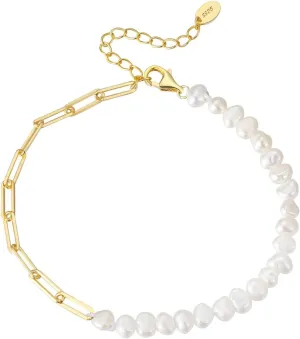 Baroque Pearls Imitation Pearl Bracelet Vintage 18K Gold Plated Sterling Silver Bracelet with Drawn Elongated Cable Chains for Women
