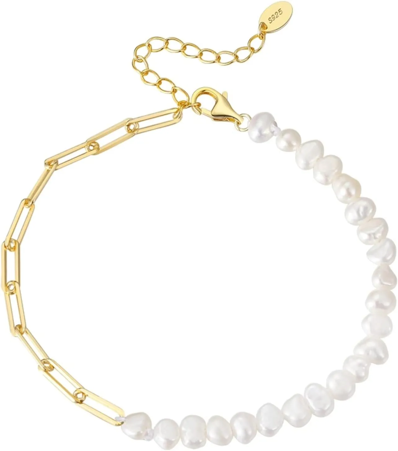 Baroque Pearls Imitation Pearl Bracelet Vintage 18K Gold Plated Sterling Silver Bracelet with Drawn Elongated Cable Chains for Women