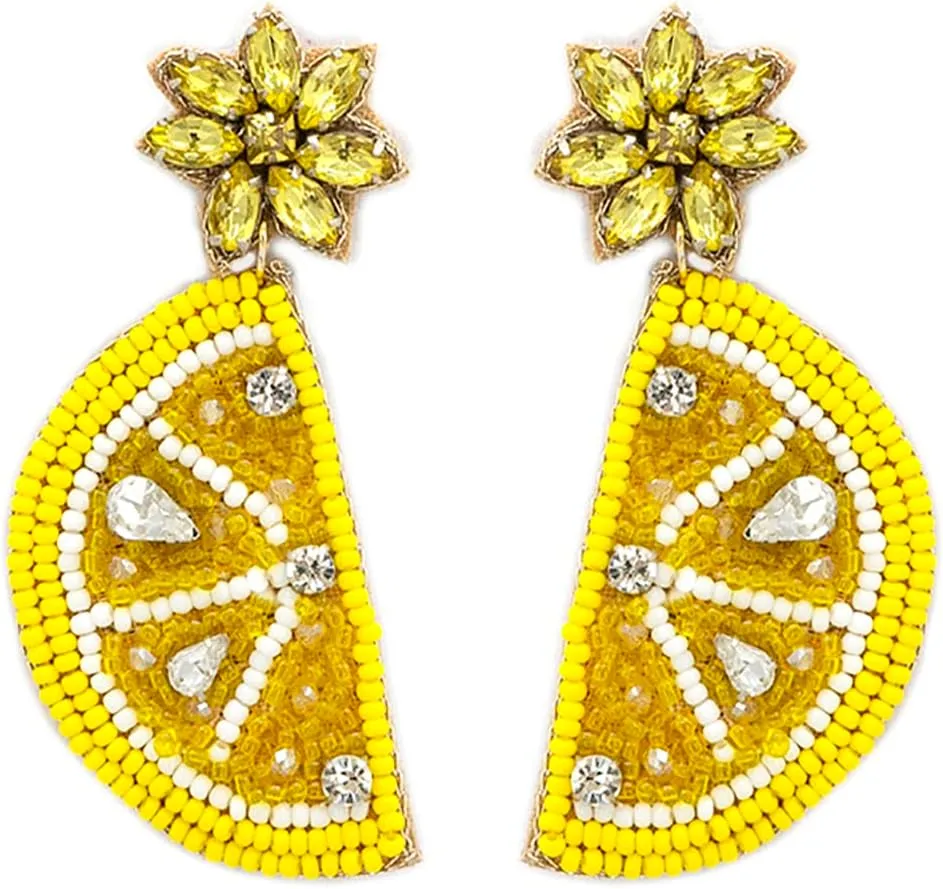 Beaded Lemon Post Earrings Handmade Lemon Earrings Tropical